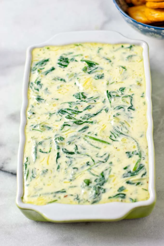 Casserole dish with the Spinach Dip after baking
