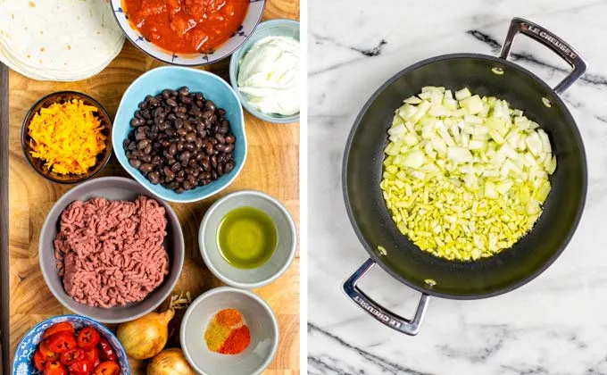 Ingredients needed for this vegan Taco Casserole recipe organized on a wooden board.