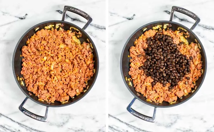 Beans are added to the vegan ground beef mixture in the pan.