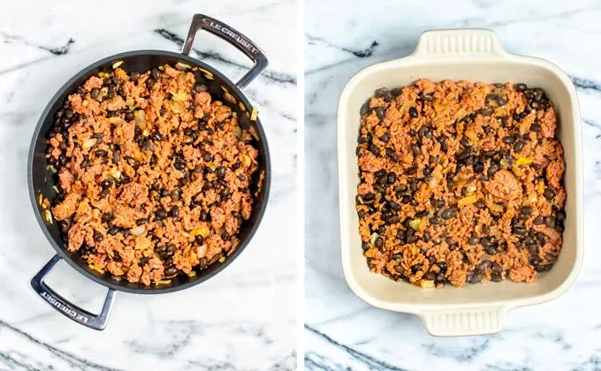 The prepared Taco meat is transferred from the pan to a casserole dish.