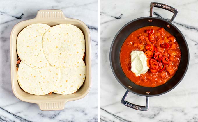 The taco meat in the casserole dish is covered with tortillas.