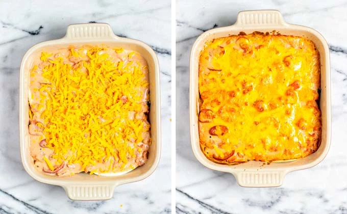 Finally, vegan cheese is sprinkled over the Taco Casserole and baked in the oven.