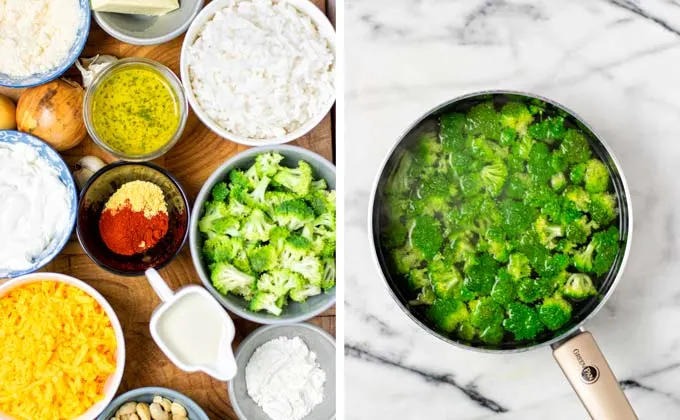 Ingredients for the Broccoli Rice Casserole collected on a wooden board.