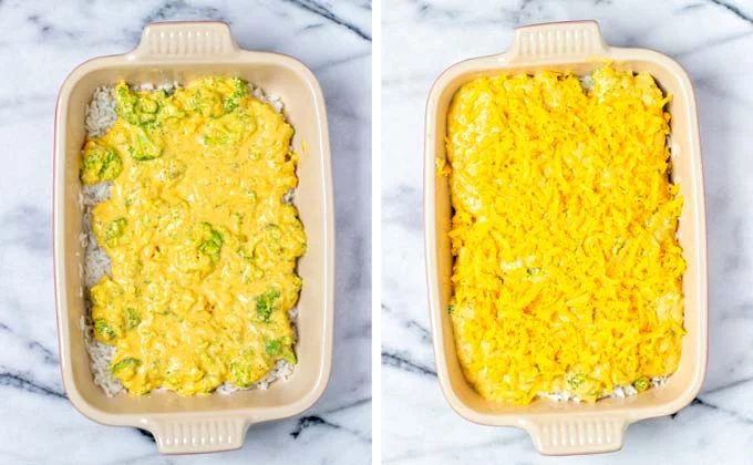 Layering the broccoli sauce and rice in the casserole dish, finally topping with vegan cheddar.