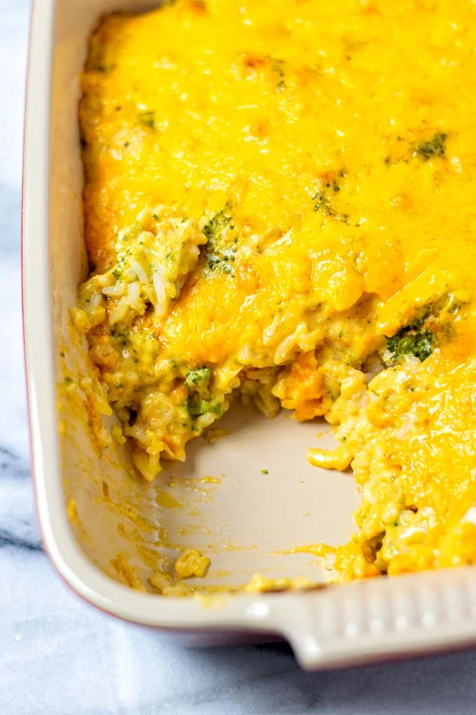 View into the Broccoli Rice Casserole with a portion removed.