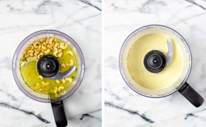 Preparing the cashew mixture in a food processor.