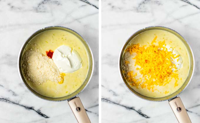 Adding the vegan cream cheese and cheddar to the sauce pan.