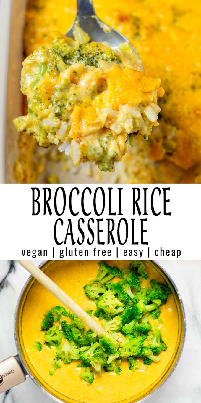 Collage of two pictures of the Broccoli Rice Casserole with recipe title text.