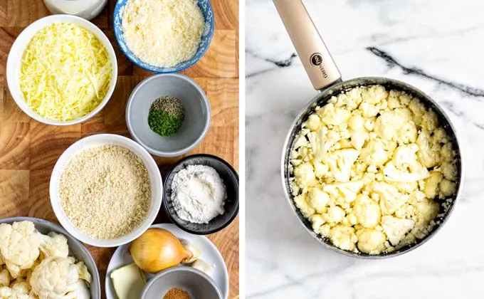 Ingredients for the Cauliflower Gratin collected on a wooden board.