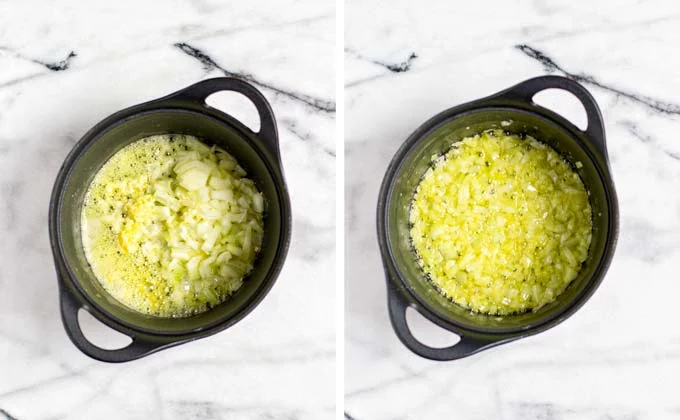 Sauteing finely diced onions in vegan butter. 