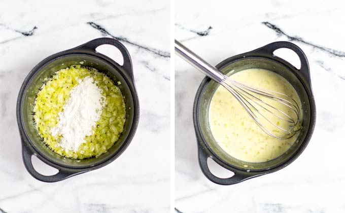 Adding flour to the onion-butter mixture and combining them with a wire whisk to the white sauce base.