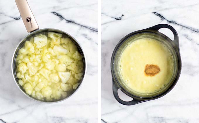 Showing adding nutmeg to the gratin sauce.