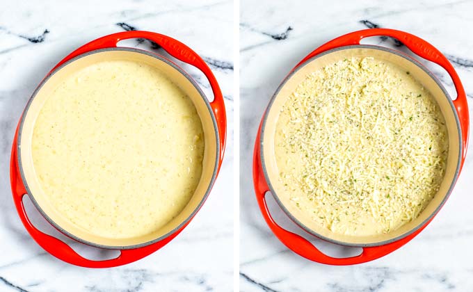 Assembling the cauliflower gratin in a large casserole dish. Layer of gratin sauce first, then breadcrumb mixture.