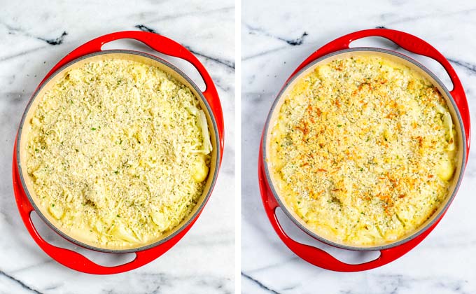 The Cauliflower Gratin before and after baking in the oven.
