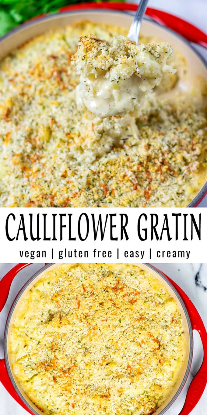 Collage of two pictures of the Cauliflower Gratin with recipe title text.
