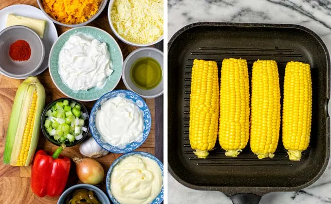 Ingredients for the Corn Dip collected on a wooden board.