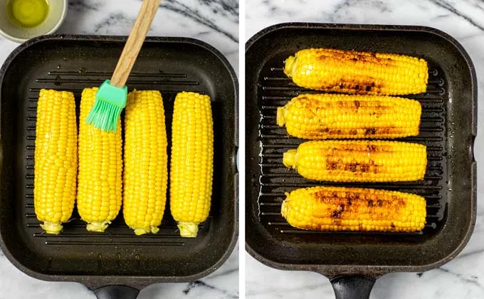 Showing the grilling of the fresh corn in a grilling pan before and after.
