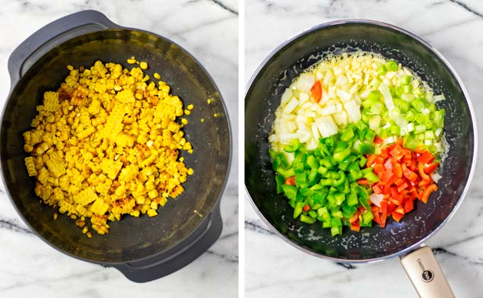 Vegetable ingredients are sauteed in a saucepan.