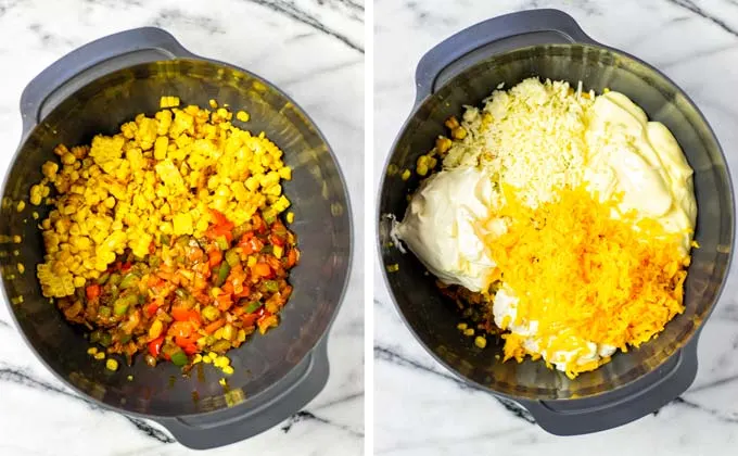 All ingredients for this Corn Dip are transferred to a large mixing bowl.