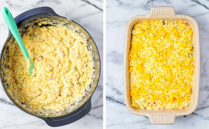 Mixed Corn Dip in the mixing bowl and transferred to a casserole dish, sprinkled with vegan cheese.