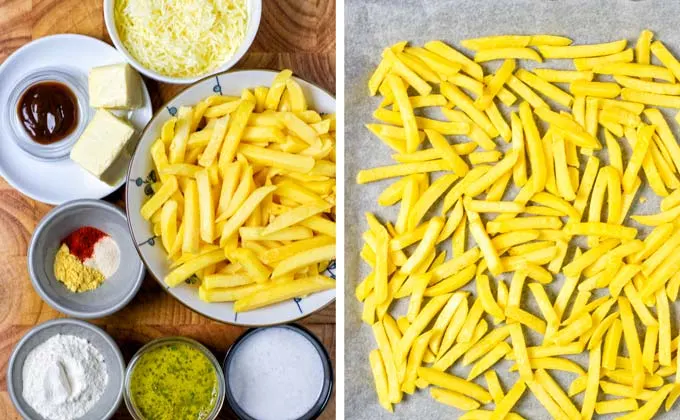 Ingredients for the Disco Fries prepared on a wooden board.