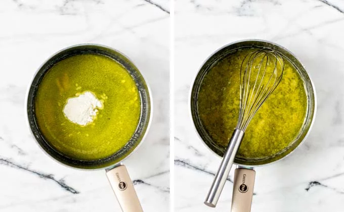 Vegan butter is melted in a saucepan, with flour being whisked in.