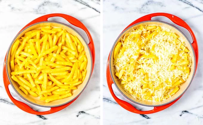 Baked fries are transferred to a casserole dish and mixed with vegan mozzarella shreds.