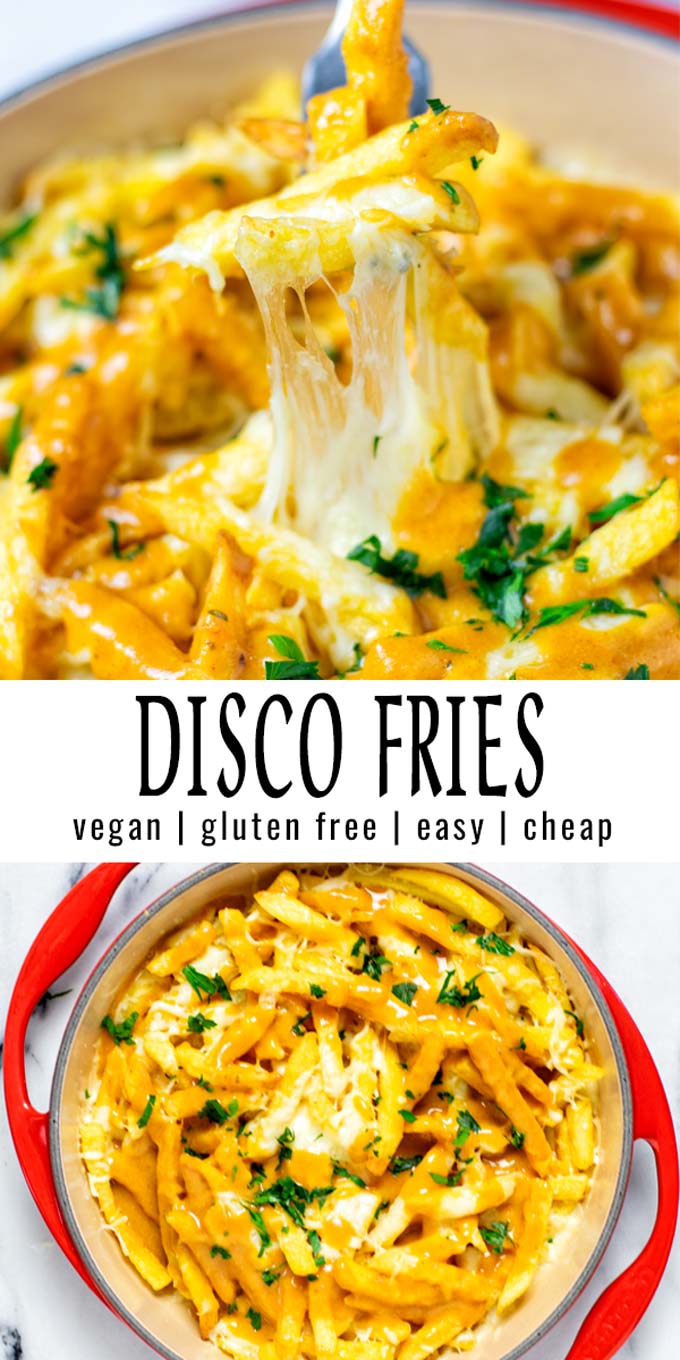 Collage of two pictures of the Disco Fries with recipe title text.