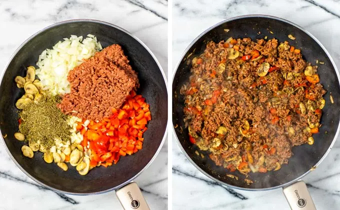 Vegetable and vegan ground beef mixture before and after frying in a large pan.