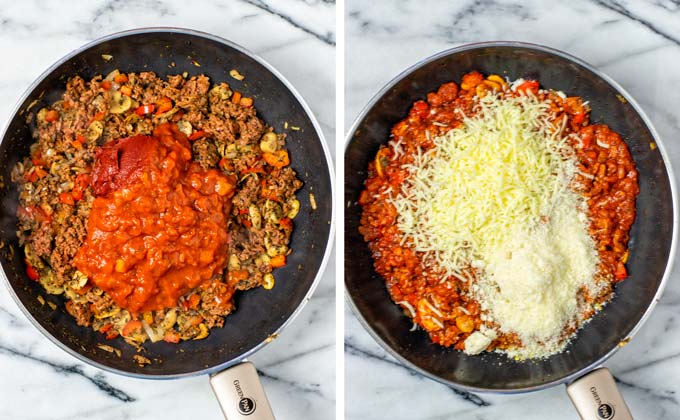 Showing the addition of tomato sauce and vegan cheeses to the pan.