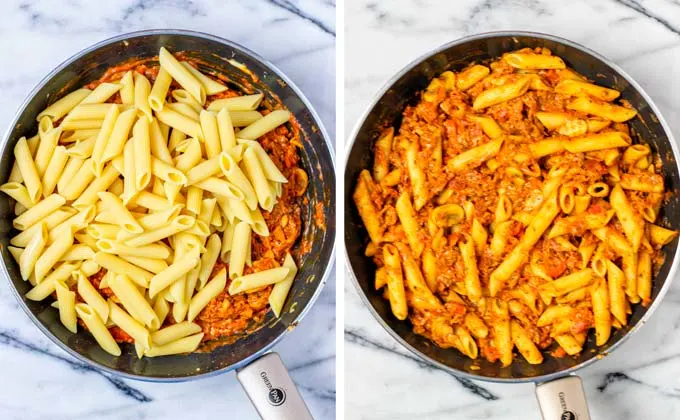 Mixing the precooked pasta into the sauce, before and after.