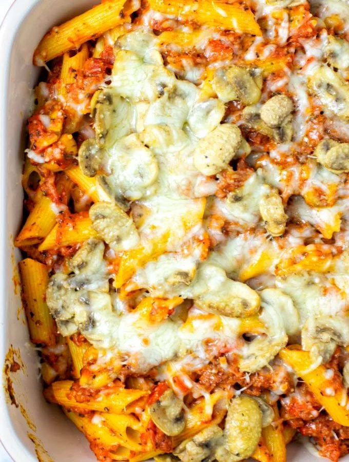Top view on the Hot Dish in a large casserole dish.