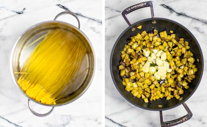 Showing a large pot in which pasta is being cooked and a small pan showing the eggplant dices.