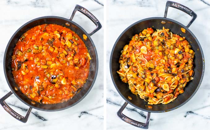 Pasta alla Norma in a saucepan without and with pasta mixed in the sauce.