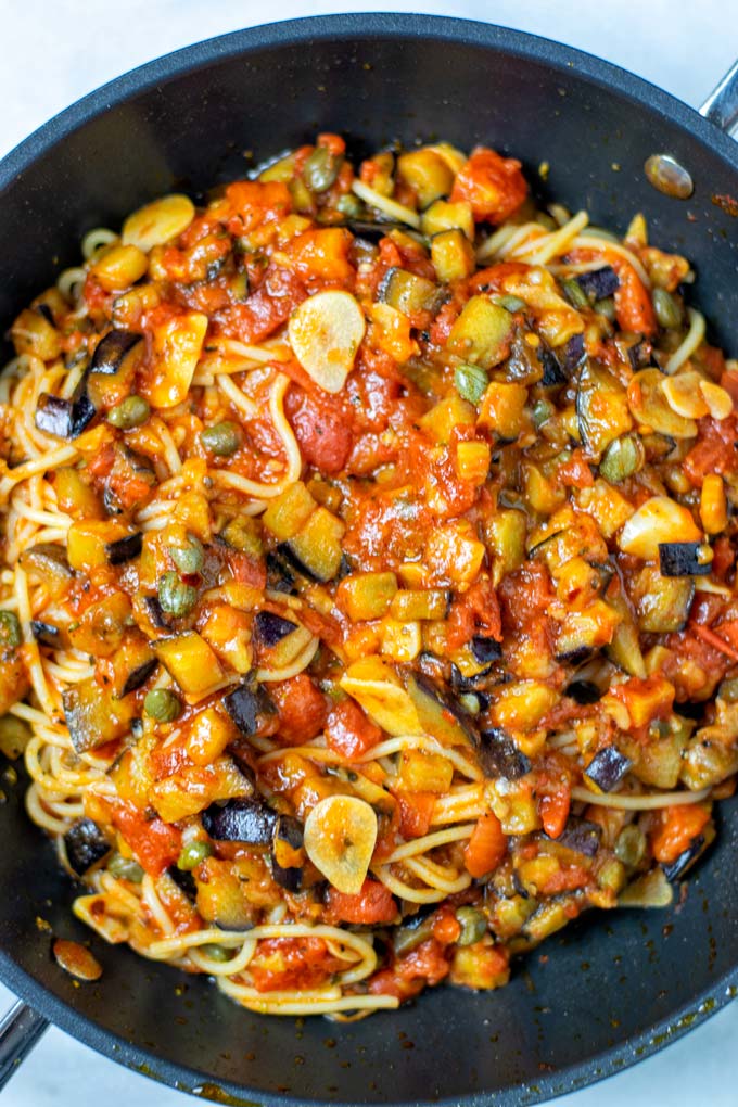 Top view on a saucepan with the Pasta alla Norma.