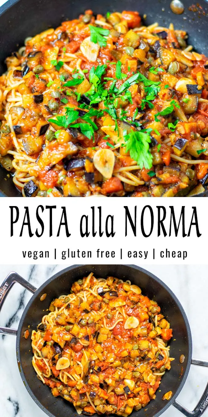 Collage of two pictures of the Pasta alla Norma with recipe title text.