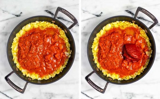 Showing the addition of chopped tomatoes, tomato paste to the pan.