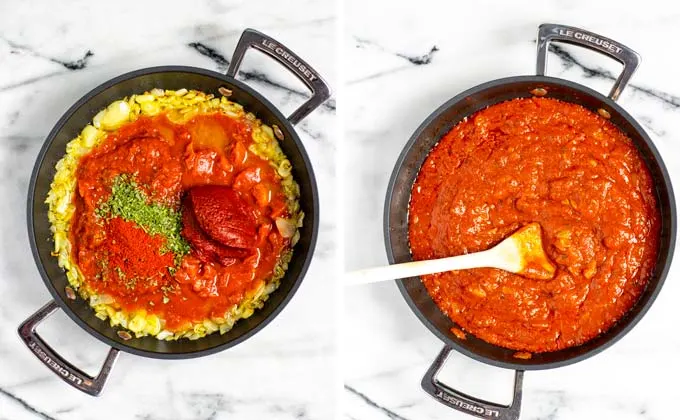 Spices are mixed into to Spaghetti Sauce in the pan.