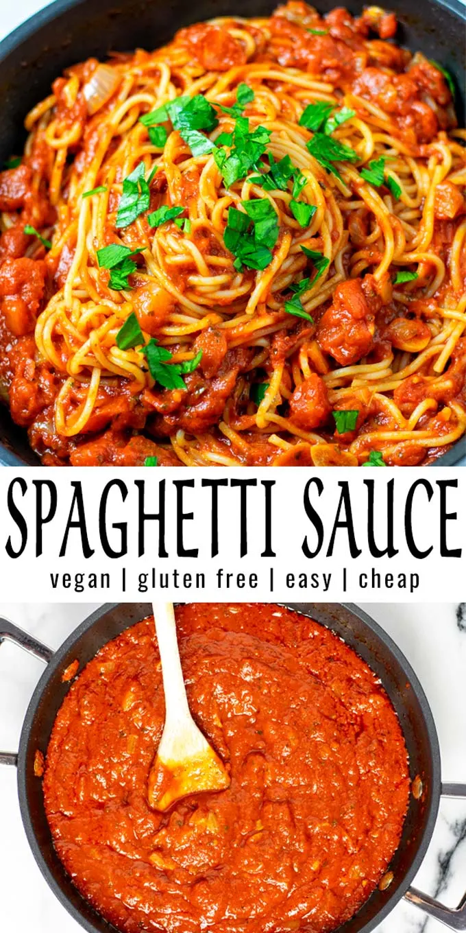 Collage of two pictures of the Spaghetti Sauce with recipe title text.