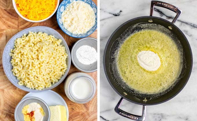 Ingredients for the Stovetop Mac and Cheese collected on a wooden board.