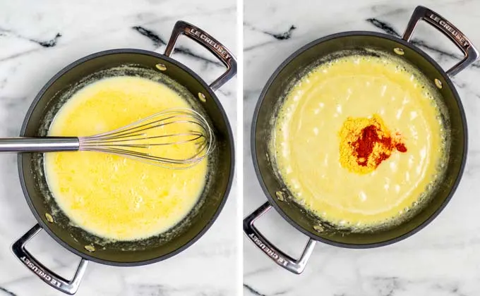 Showing how to make the base white sauce in a saucepan, adding spice mixture. 