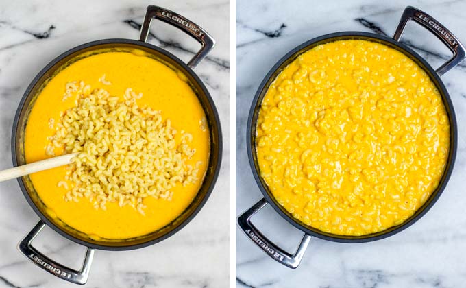 Showing the final step: adding precooked macaroni to the cheesy sauce.