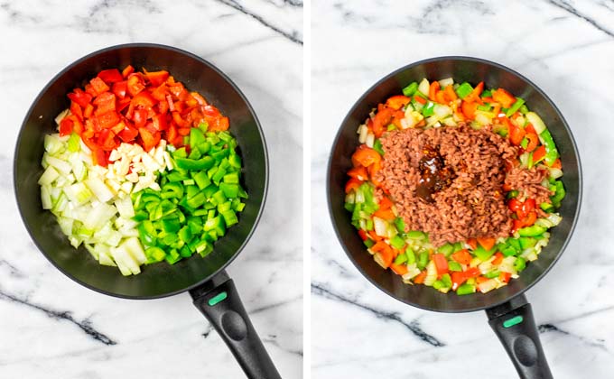 Vegetables are fried in a pan, then vegan ground beef is added with spices.