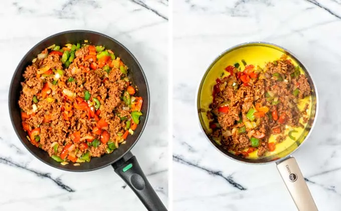 The mixed vegetable and ground beef mixture is shown after frying and then given into the prepared homemade soup.