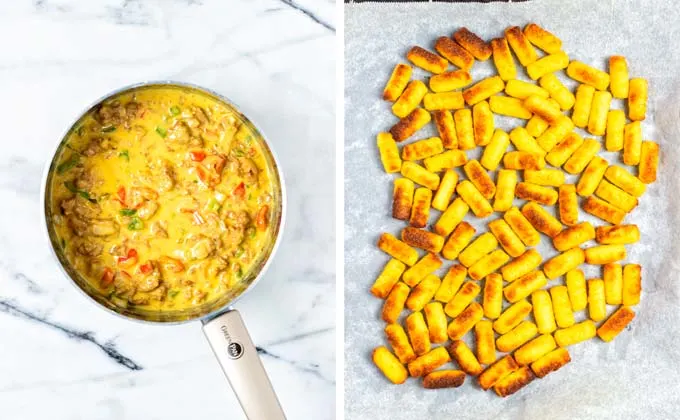 Showing the creamy and cheesy soup-beef mixture and the pre-baked tater tots.