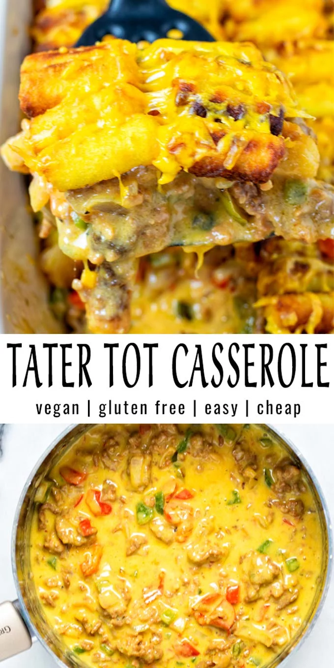 Collage of two pictures of the Tater Tot Casserole with recipe title text.