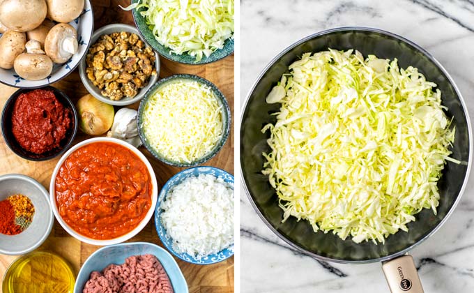 Ingredients for the Cabbage Roll Casserole collected on a wooden board.