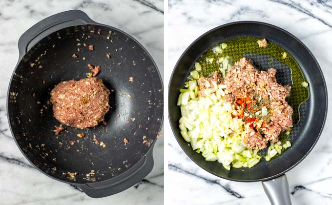 Vegan ground beef mixture, onions, and spice mix are fried in a large pan.