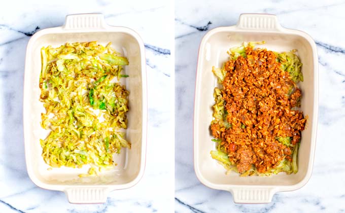 Showing the layering of the casserole, starting with cabbage, then a layer of ground beef mixture, and sprinkle with vegan cheese.