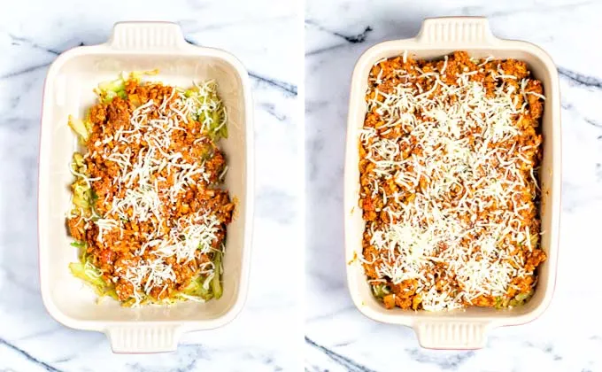 Showing the ready assembled Cabbage Roll Casserole before baking in the oven.